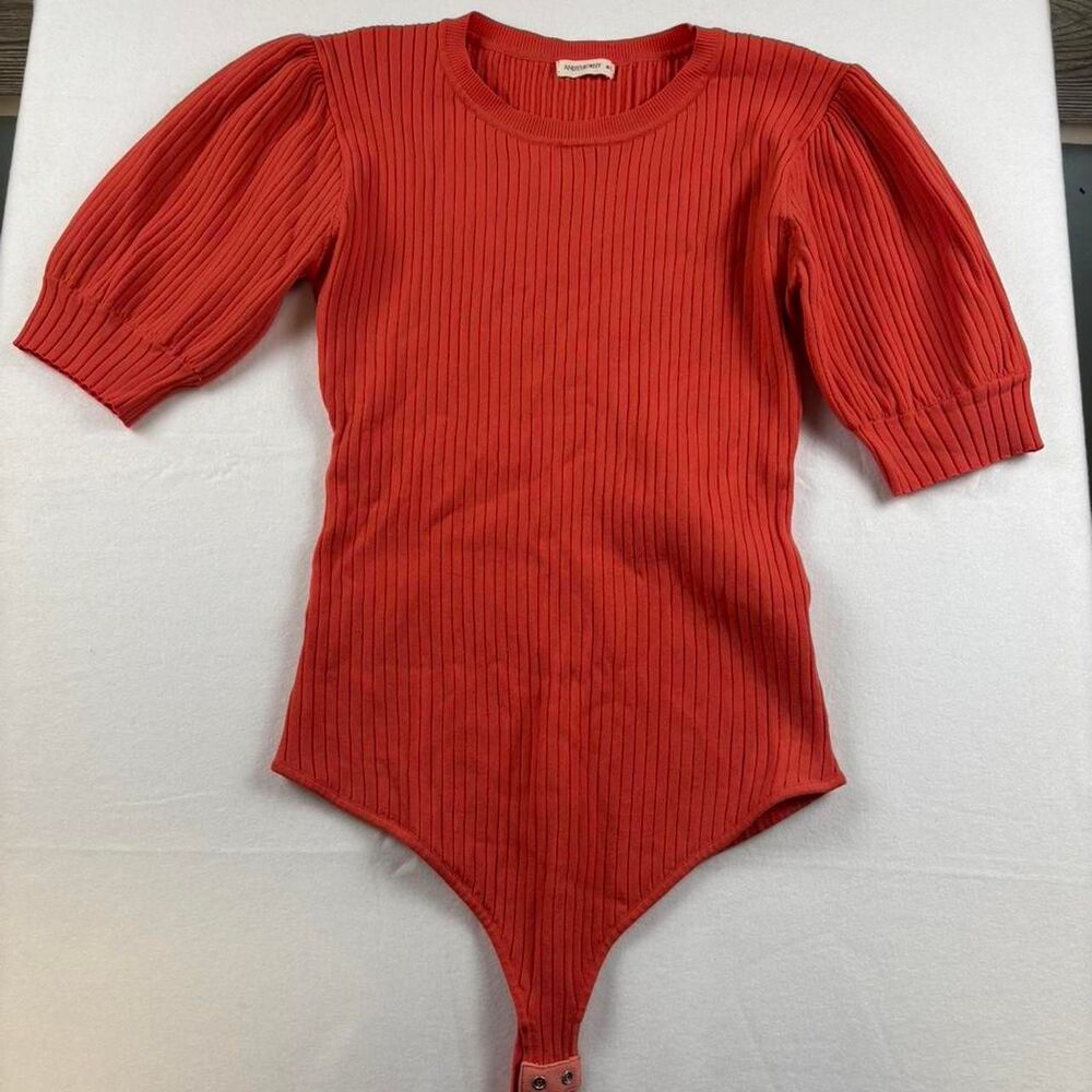 And The Why Puff Sleeve Bodysuit Women’s M/L Orange Ribbed Square Neck Top